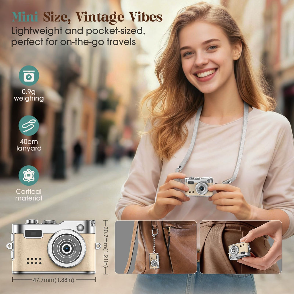 HOTU Mini Digital Camera, Keychain Camera 1080P HD with 2MP Lens, Flash, Video Recording, 32G Card Included, Portable and Compact Retro Vlog Camera for Travel, Kids, Beige