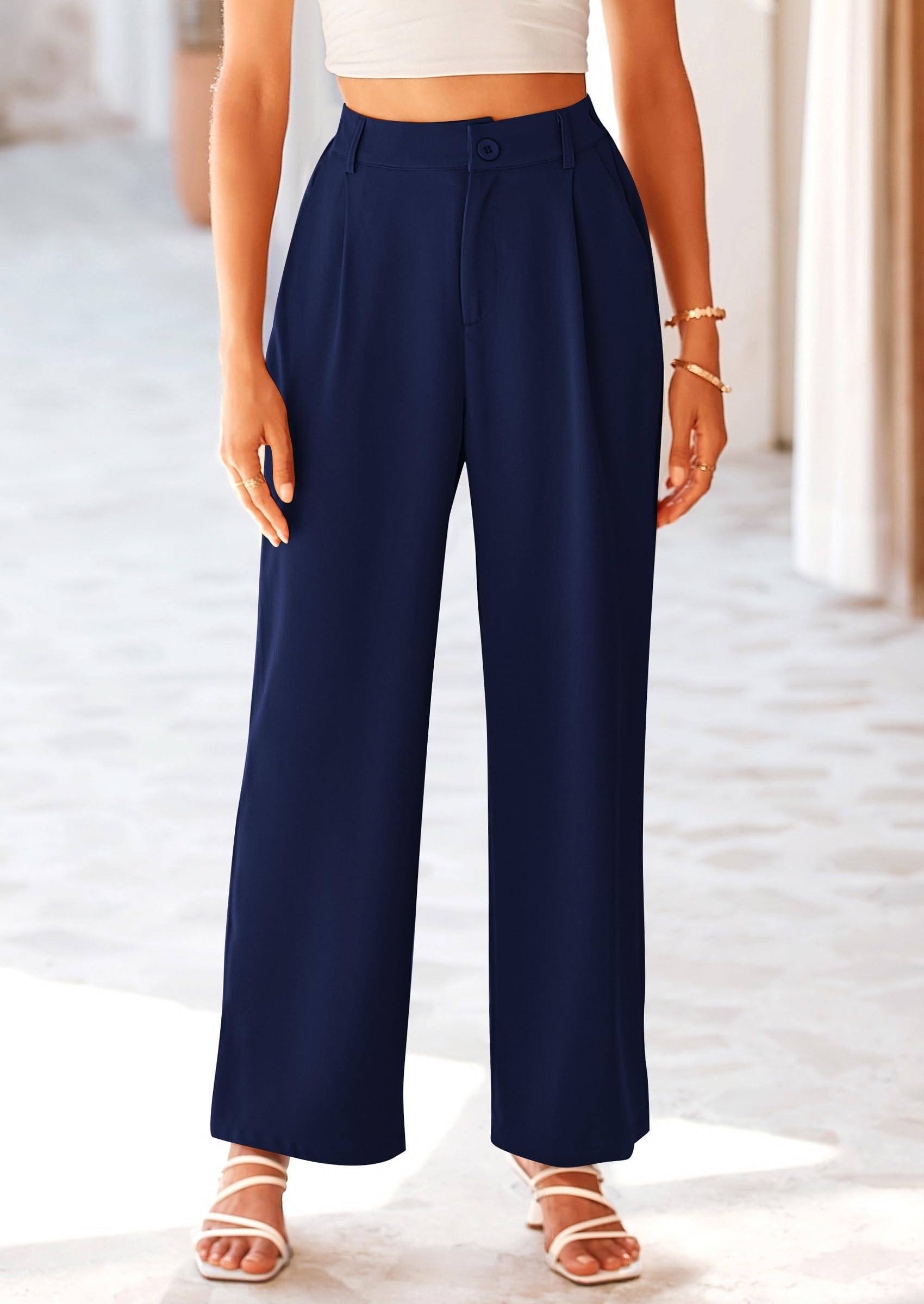 PRETTYGARDEN Wide Leg Pants for Women Trendy 2025 Fall High Waisted Business Casual Outfits Work Pant Trousers (Navy,X-Large)
