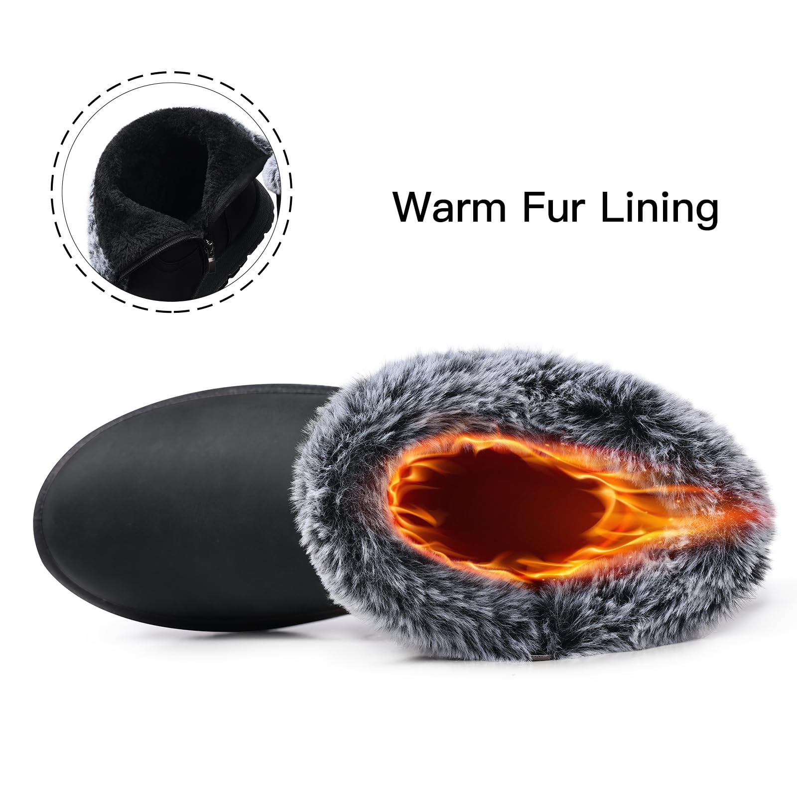 SHIBEVER Women's Snow Boots Winter Fur Lined Waterproof Anti-Slip Leather Women Ankle Snow Boots Black Size 8