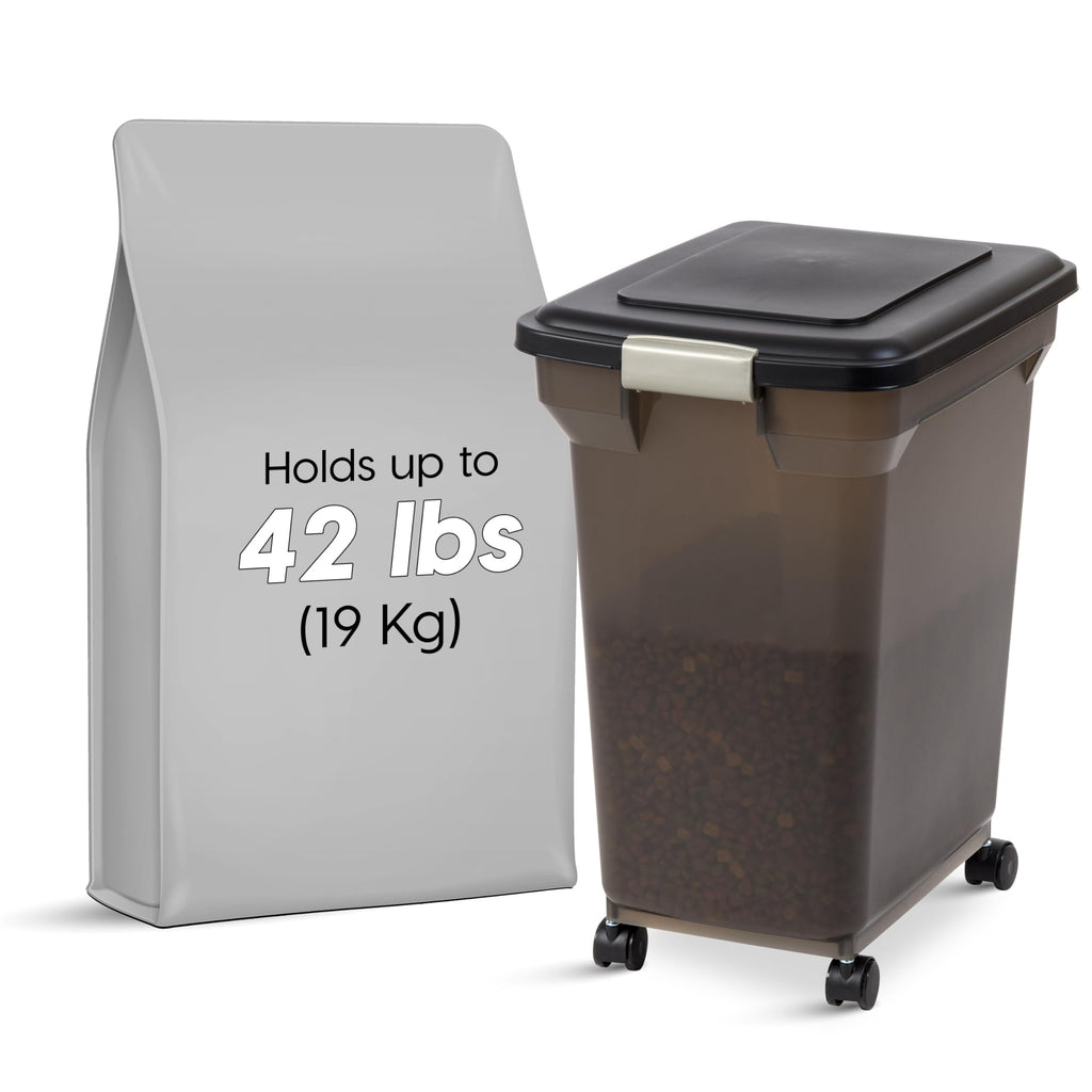 IRIS USA Airtight Dog Food Storage Container, WeatherPro, Up to 40 lbs, Removable Wheels, for Dog Cat Bird and Other Pet Food Storage Bin, Keep Fresh, Translucent Body, Made in USA, Smoke/Black