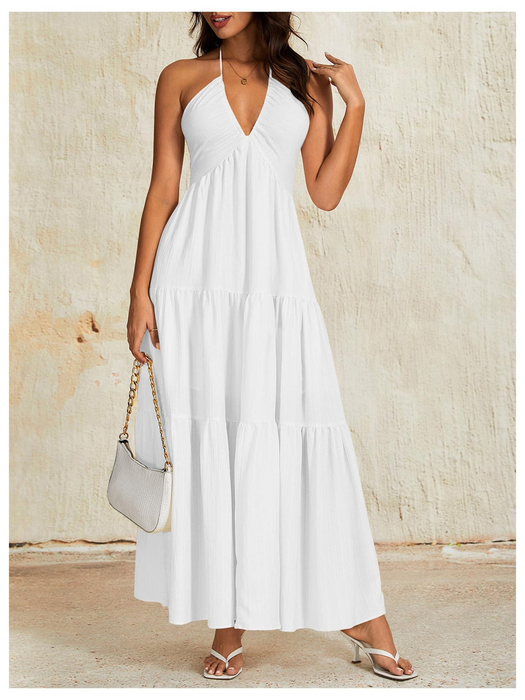OYOANGLE Women's Summer Beach Sundress Formal Wedding Guest Dress Backless Flowy Vacation Boho Maxi Dresses White Small
