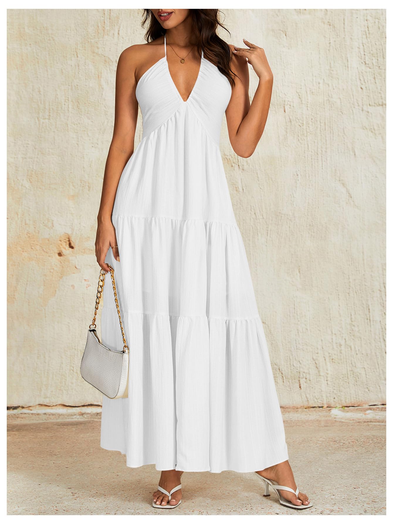 OYOANGLE Women's Summer Beach Sundress Formal Wedding Guest Dress Backless Flowy Vacation Boho Maxi Dresses White Small