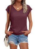 AUTOMET Womens V Neck T Shirts Spring Summer Cap Sleeve Basic Tees Trendy Cute Tops for Work Dressy Casual Beach Vacation Wine Red L