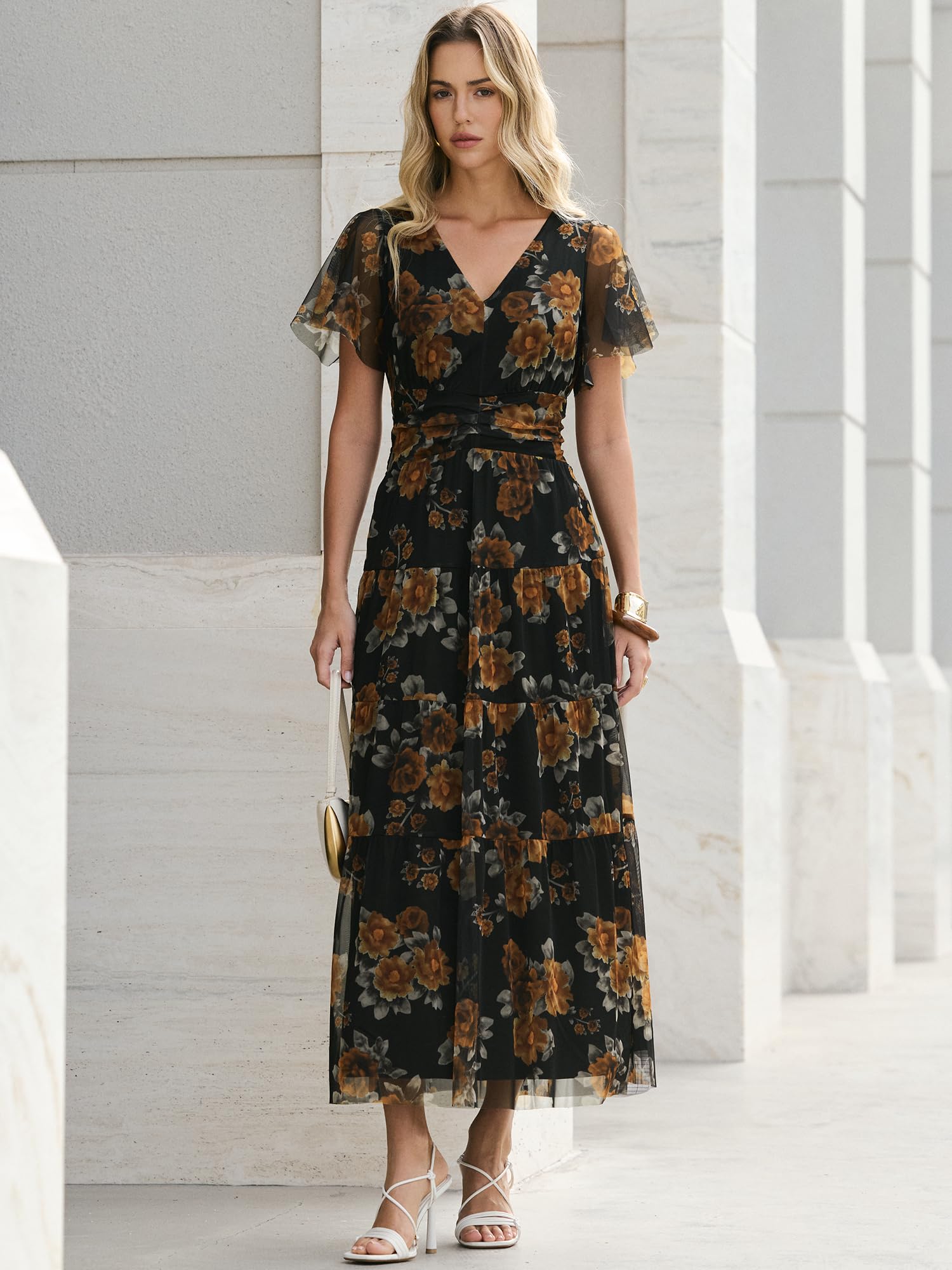 ANRABESS Womens Summer Floral Maxi Dress Short Sleeve Flowy Tulle Wedding Guest Beach Vacation 2026 Spring Party Long Dresses Floral Black Yellow Large