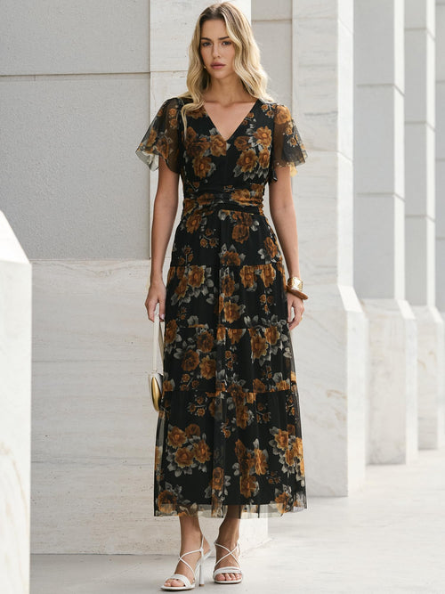 ANRABESS Womens Summer Floral Maxi Dress Short Sleeve Flowy Tulle Wedding Guest Beach Vacation 2026 Spring Party Long Dresses Floral Black Yellow Large