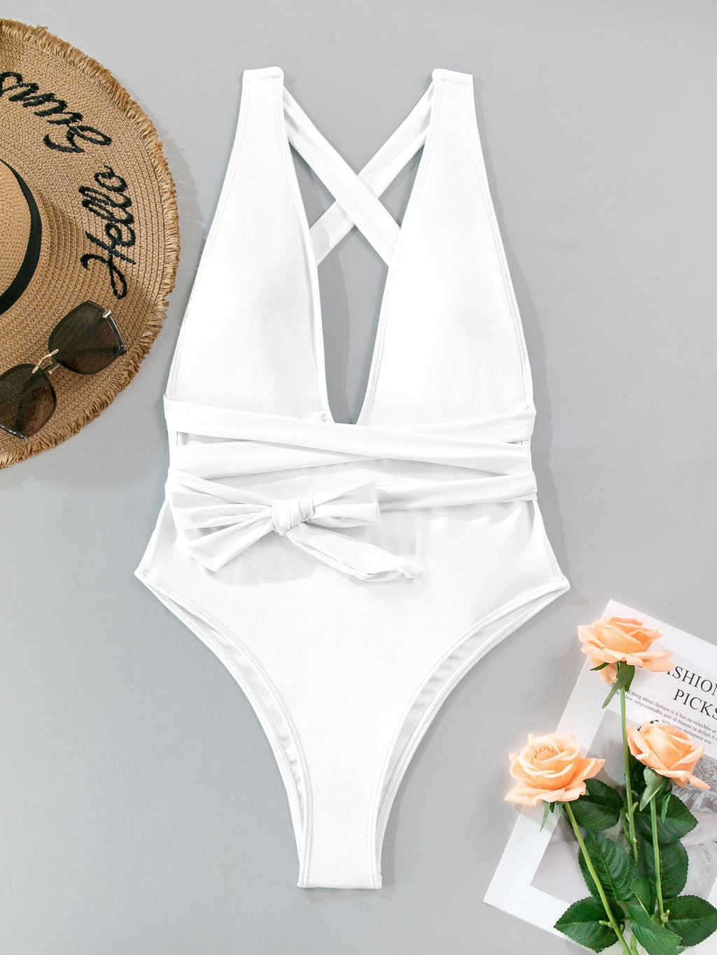 Lilosy Petite Sexy Lace Up Plunge Neck Backless High Waisted Cut Leg Rise Thong Cheeky Brazilian 1 Piece Bikini Swimsuit Women Back Bathing Suit Tie Criss Cross Monokini White XX-Small
