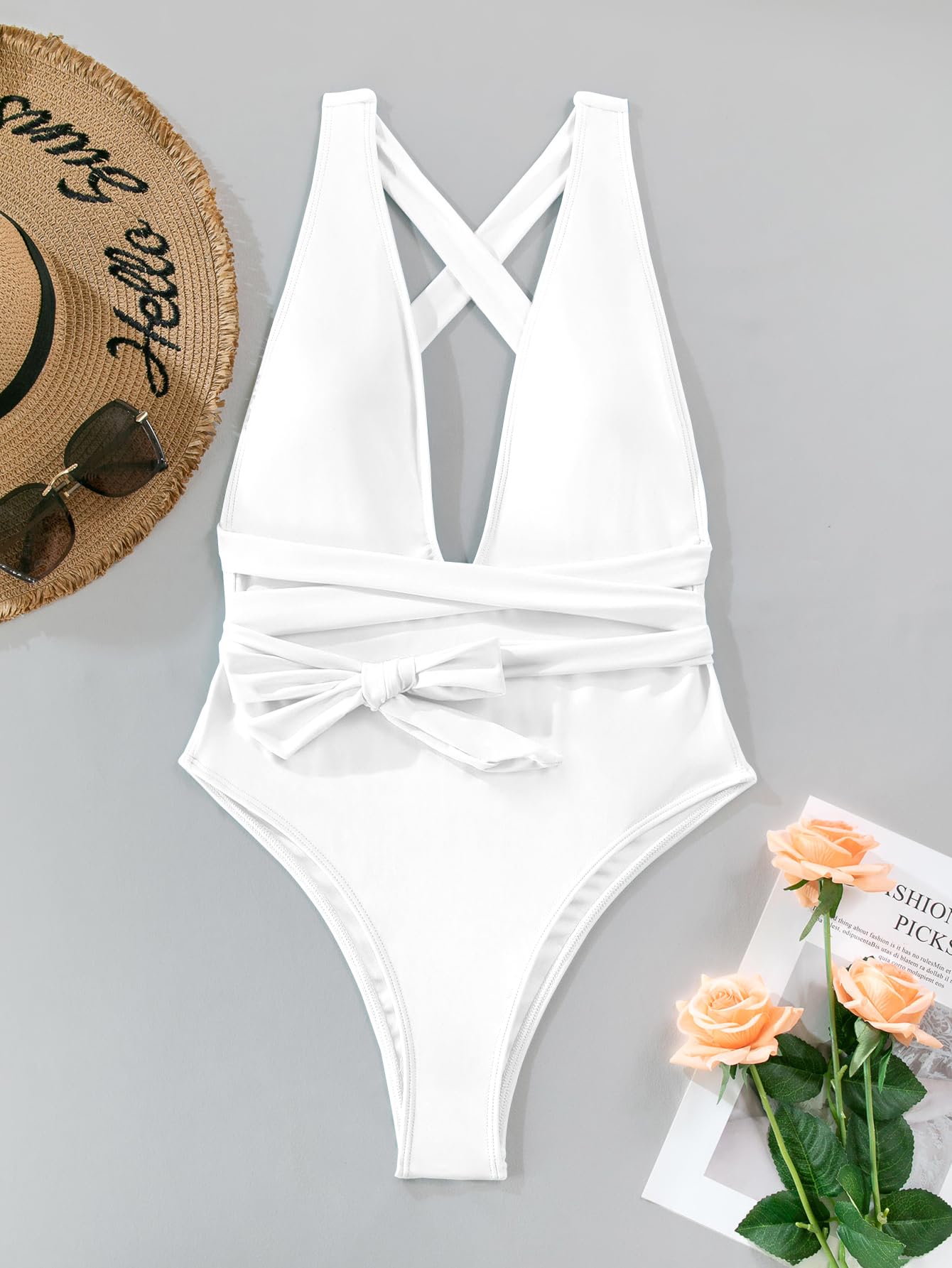 Lilosy Petite Sexy Lace Up Plunge Neck Backless High Waisted Cut Leg Rise Thong Cheeky Brazilian 1 Piece Bikini Swimsuit Women Back Bathing Suit Tie Criss Cross Monokini White XX-Small