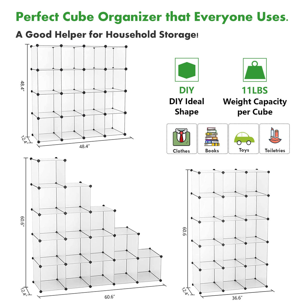 C&AHOME Cube Storage Organizer, 16-Cube Shelves Units, Plastic Storage Cubes, DIY Closet Organizer, Modular Closet Storage Shelves Ideal for Home, 48.4" L × 12.4" W × 48.4" H Transparent SUM3016W