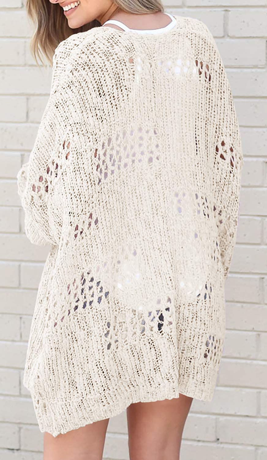 Mafulus Women's Crochet Cardigan Kimono Boho Long Sleeve Lightweight Soft Oversized Open Front Knitted Sweater Beige