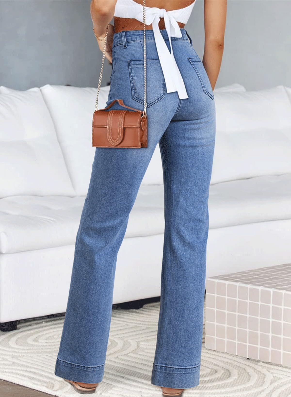 Astylish Women's Patch Pocket Jean Pants High Waist Button Bootcut Trousers Wide Leg Stretchy Vintage Denim Jeans with Front Pockets Size 6 Ashleigh Blue