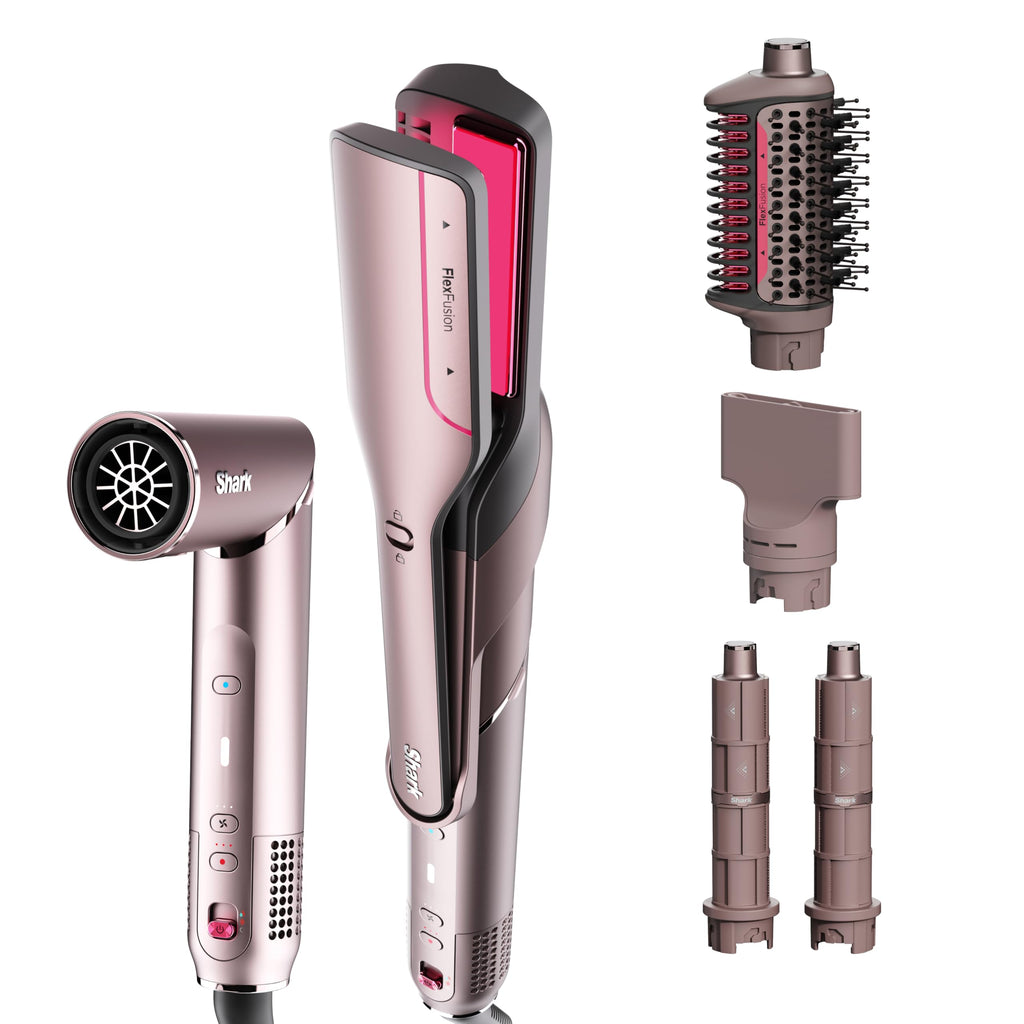 Shark FlexFusion Hair Straightener & Powerful Hair Dryer with Fusion Hair Brush, Ceramic Air Styler with Auto-Wrap Curlers & Concentrator, Ceramic Plates, Cosmic Blush HD641S