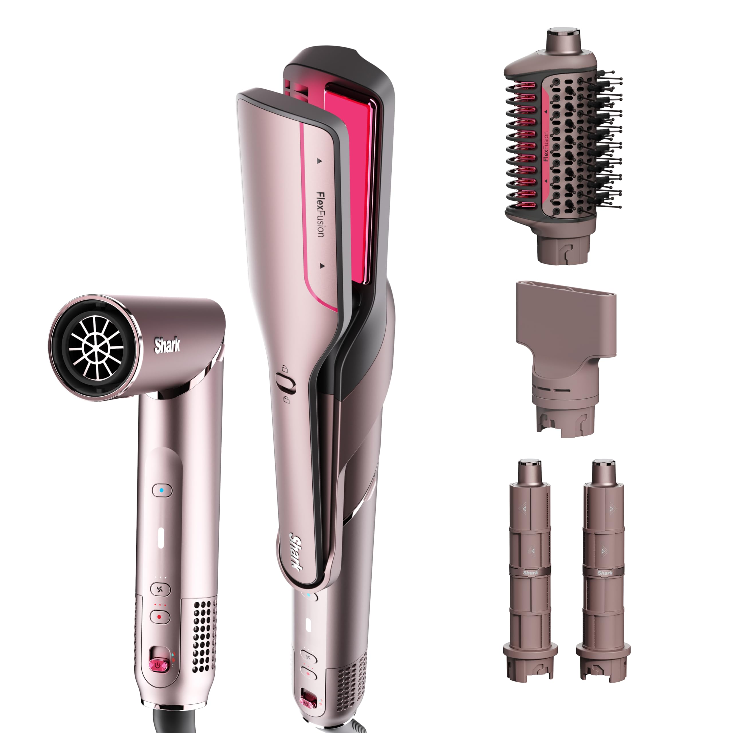 Shark FlexFusion Hair Straightener & Powerful Hair Dryer with Fusion Hair Brush, Ceramic Air Styler with Auto-Wrap Curlers & Concentrator, Ceramic Plates, Cosmic Blush HD641S