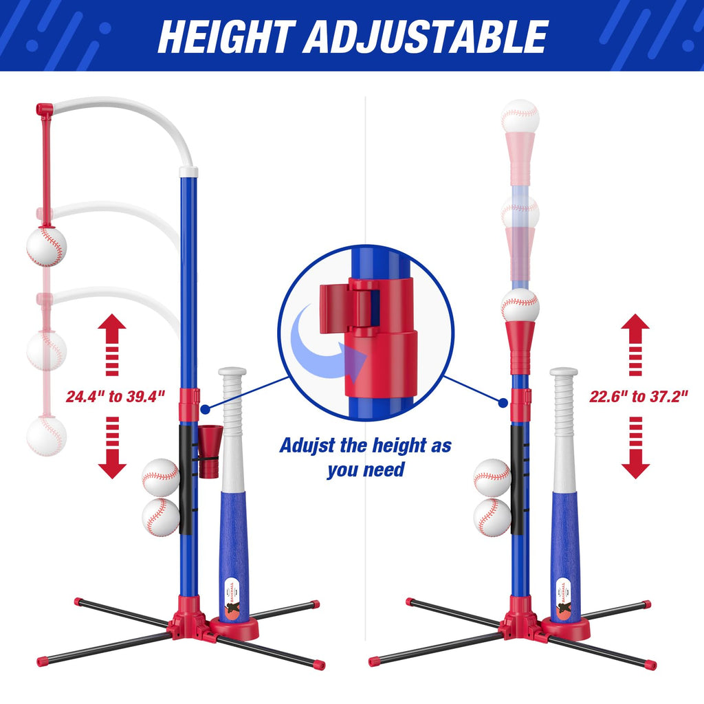 HYES 3-in-1 Baseball Set for Kids 3-5 - Tee Ball Stand, Hanging Tee, Ball Launcher and 6 Softballs - Adjustable Height, Indoor/Outdoor Sport Gifts for Boys Girls, Blue