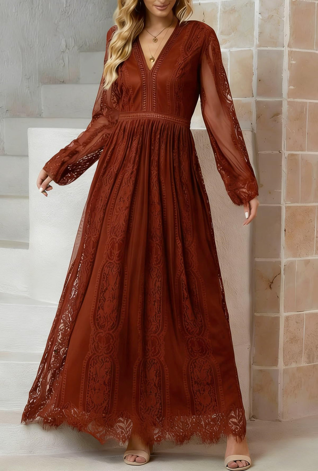 Cercis Women V-Neck Long Sleeve Floral Lace Formal Maxi Dress Spring Fall Flowy Party Dresses for Wedding Guest Rust