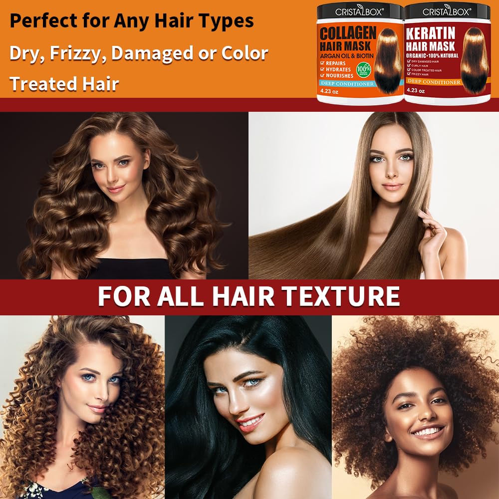 2 Pack Collagen Hair Mask & Keratin Hair Mask,Keratin Hair Treatment,Repair Treatment Deep Conditioning Hair Treatment Mask for Damaged Hair,Hydrating Conditioner with Argan Oil for Dry Hair