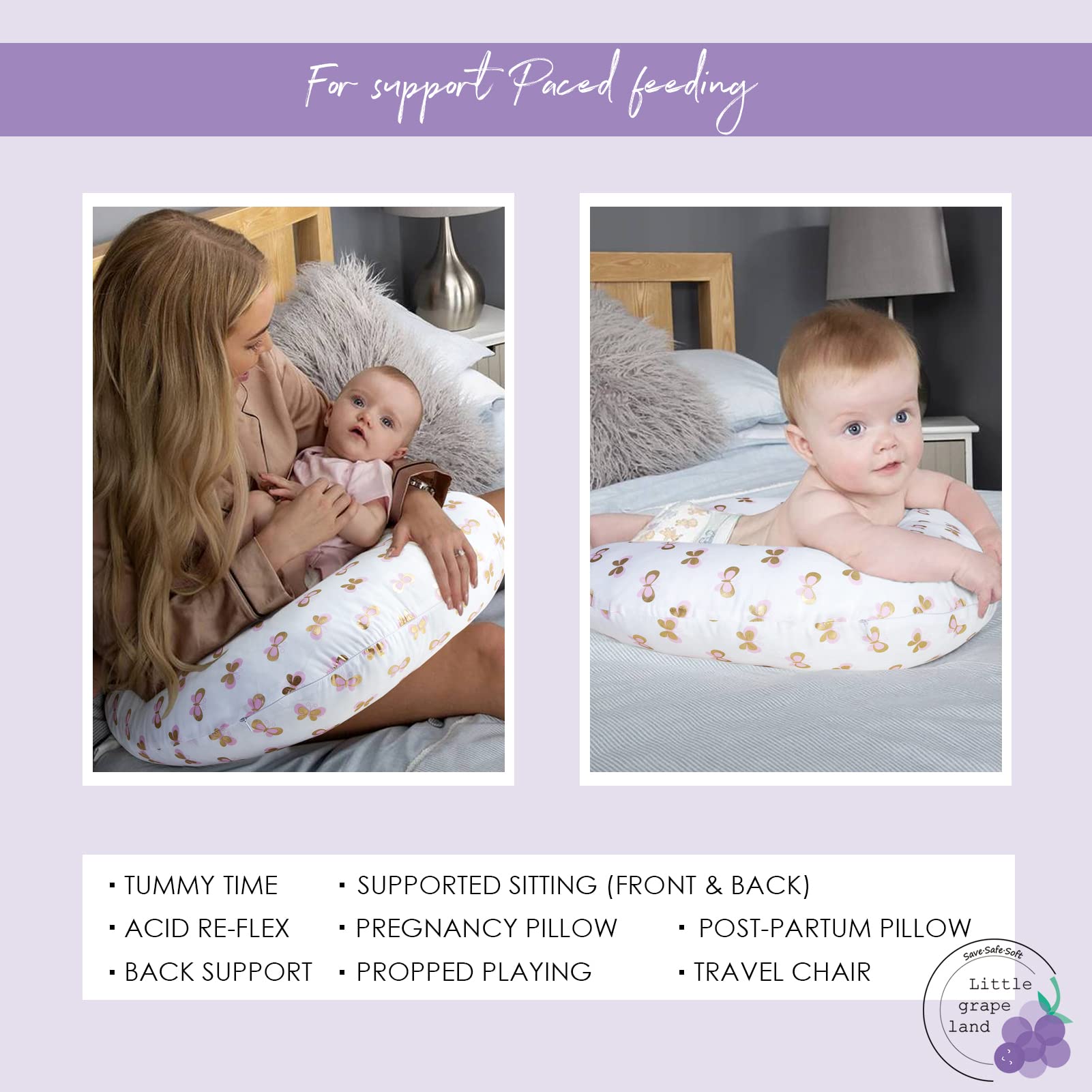 Little Grape Land Nursing Pillow, Breastfeeding Pillows for Mom with Removable Cover and Breathable Filling, Feeding Support Pillow for 0-16 Months, Multifunctional Support Cushion, Butterfly