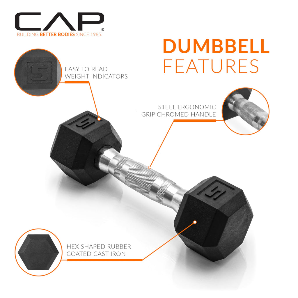 CAP Barbell 50lb Set of Coated Hex Dumbbells, 5lbx2 and 20lbx2