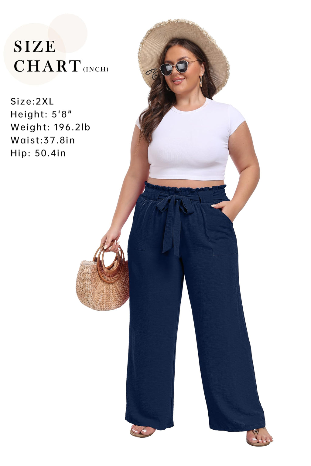 IWOLLENCE Women's Wide Leg Pants with Pockets High Waist Adjustable Knot Loose Casual Trousers Business Work Casual Pants Dark Blue XX-Large