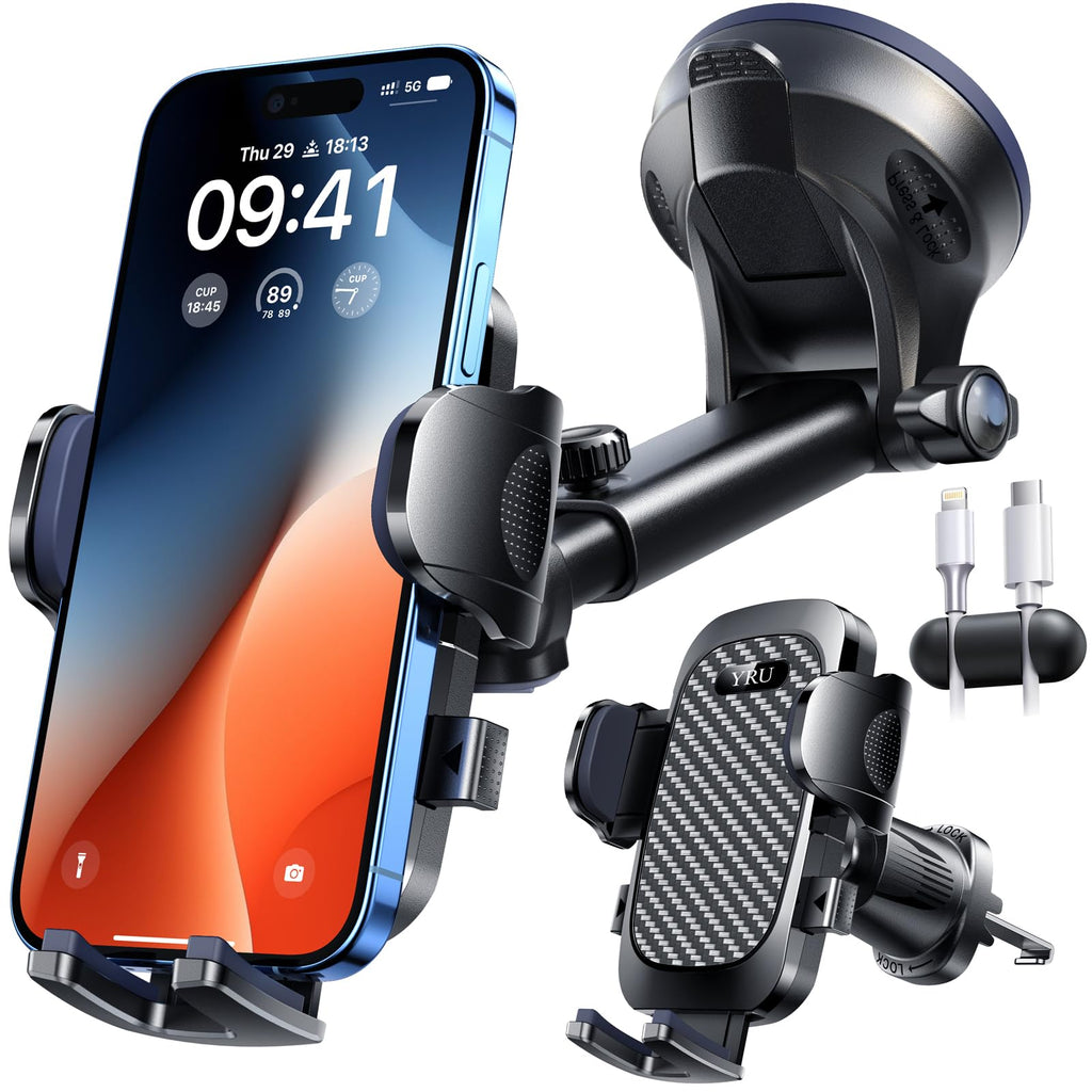 YRU True Military-Grade [360° Rotation Suction] 2026 Ultimate Car Phone Holder Mount 【90+LBS Safest Strongest & Patent Certs】 Dashboard Windshield Vent for iPhone 17 16 Pro Max Samsung, Gloss Black