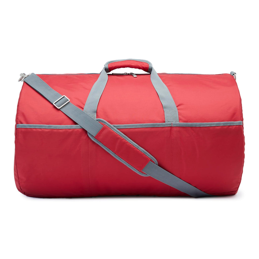 Amazon Essentials 25-inch Foldable Packable Nylon Duffel Bag for Travel and Sports with Multiple Zippered Pockets, 35 lb Weight Capacity, Collapsible for Easy Storage, Red