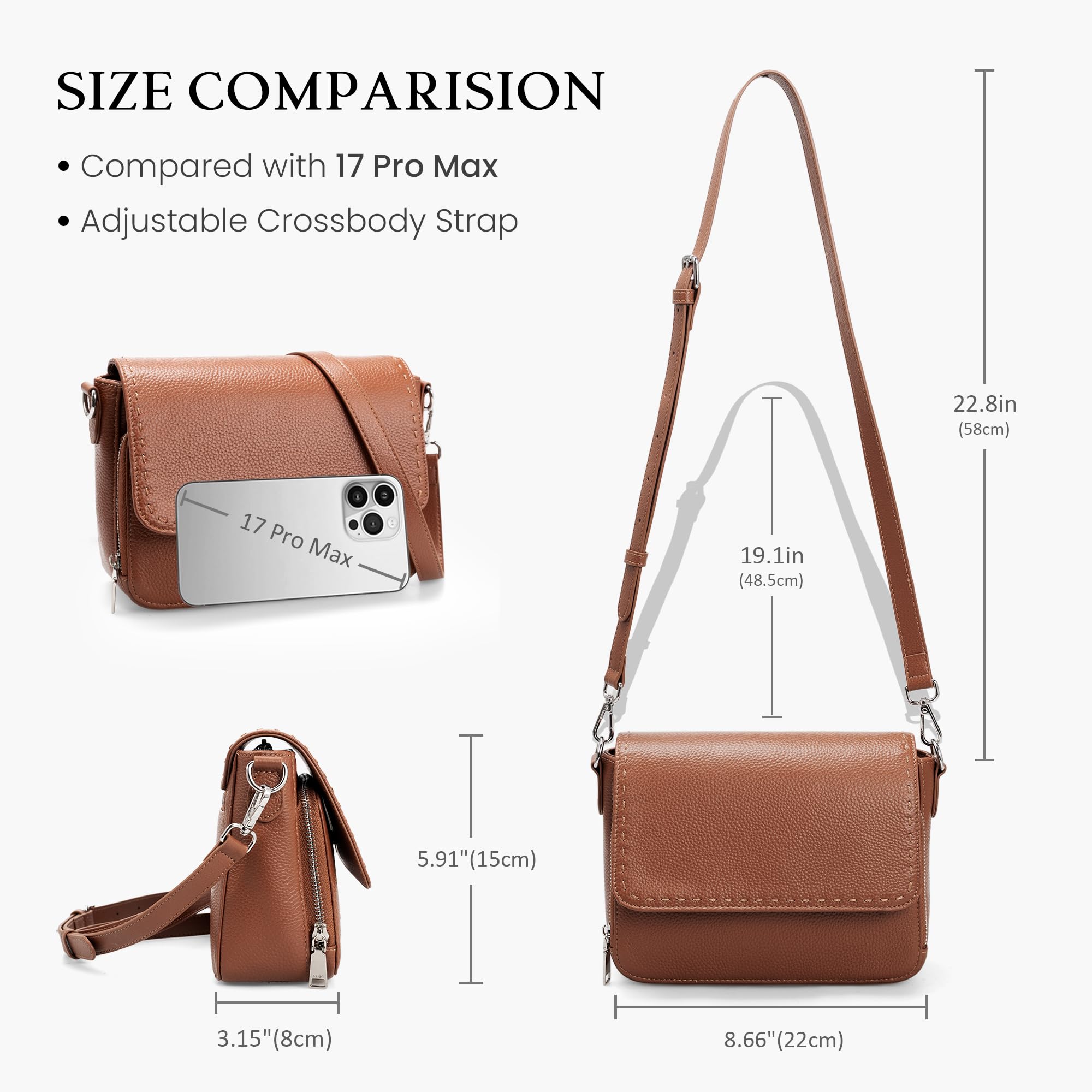 befen Genuine Leather Purses for Women Brown RFID Crossbody Bag for Travel Soft Medium Crossbody Wallet Trandy Leather Purse with Built in Wallet Womens Shoulder Handbag with Adjustable Strap