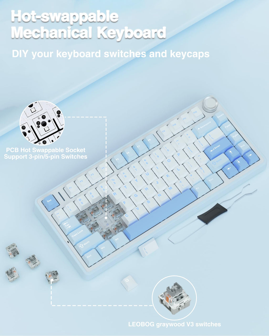 AULA F75 75% Wireless Mechanical Keyboard, Hot Swappable Creamy Keyboard, Pre-lubed Greywood Switches RGB Backlit Gaming Keyboards, 2.4GHz/Type-C/BT5.0(Salt White Blue)