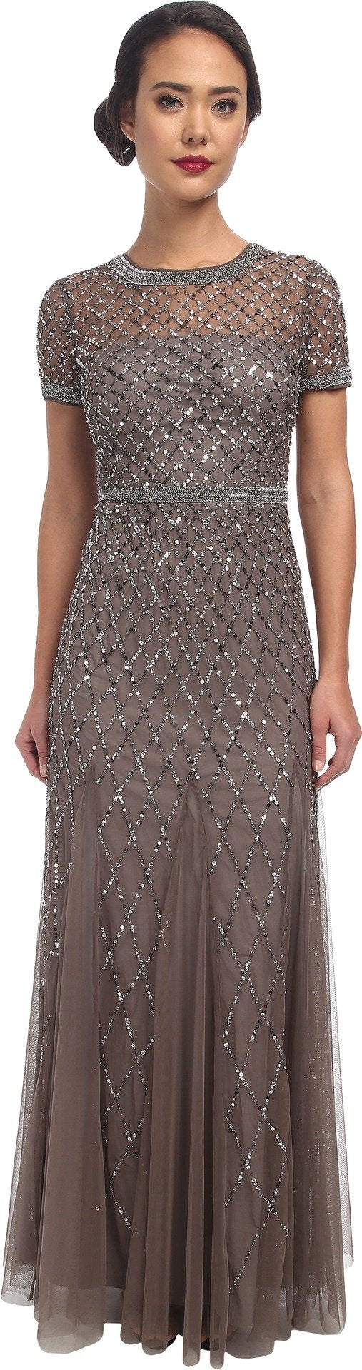 Adrianna Papell Women's Short Sleeve Beaded Mesh Gown, Lead, 4