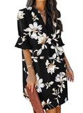 QACOHU Casual Dresses for Women Ladies Ruffle Sleeves Split V-Neck Straight Fit Floral Print Slim Dress Black Flower L