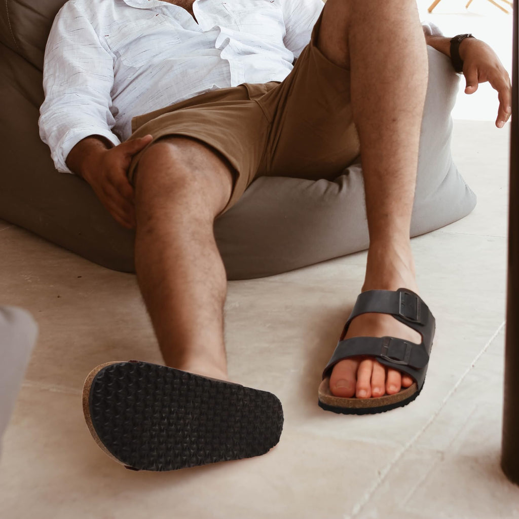 ONCAI Mens Slide Sandals，Adjustable Buckle Straps Arch Support Cork Footbed Slippers for Men 2026 Comfortable Casual Summer Beach non Slip Slides Shoes Grey Size 10