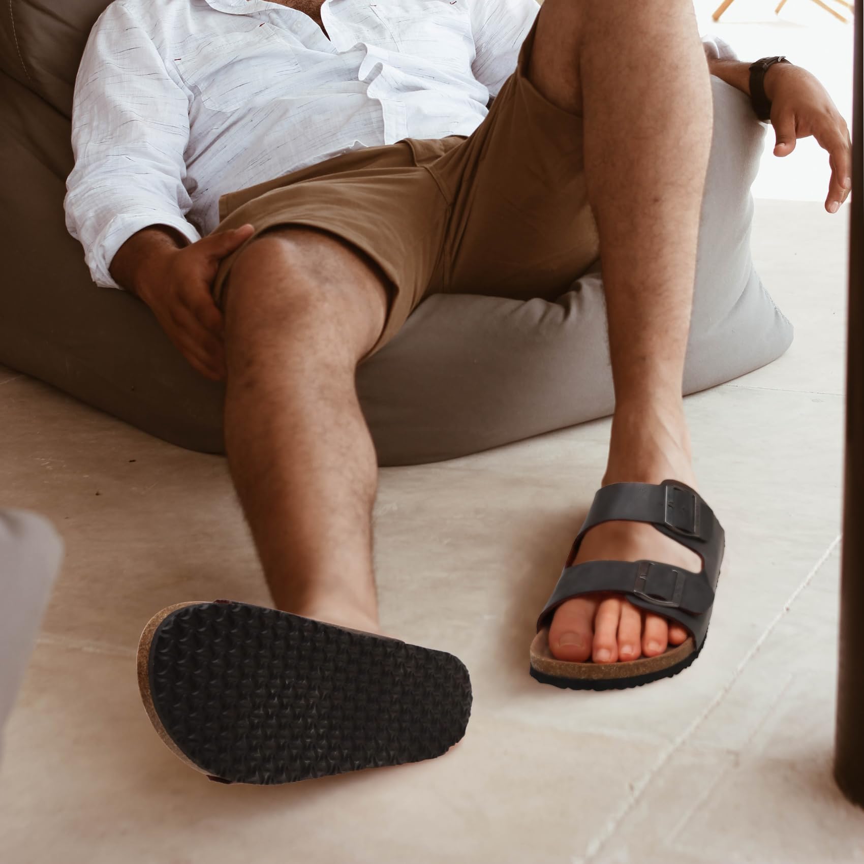 ONCAI Mens Slide Sandals，Adjustable Buckle Straps Arch Support Cork Footbed Slippers for Men 2026 Comfortable Casual Summer Beach non Slip Slides Shoes Grey Size 10