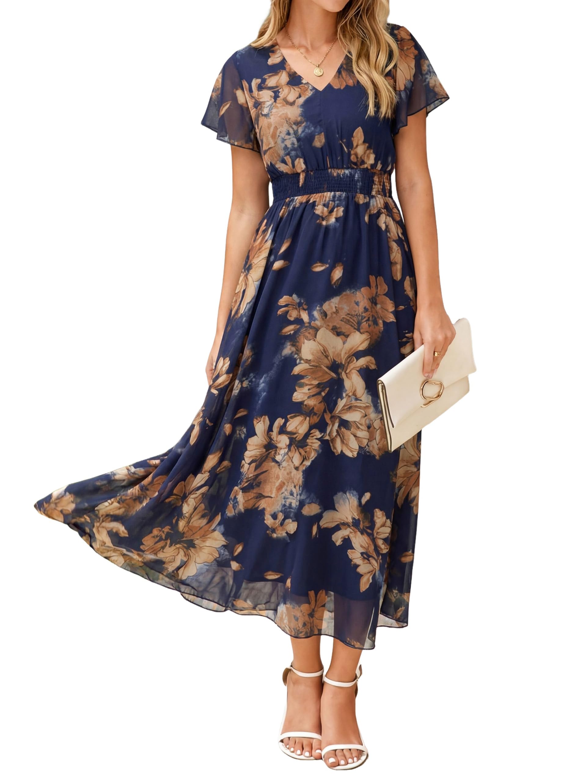 Simplee Womens Floral Maxi Dress - Short Sleeve Summer Boho Wedding Guest Dress Empire Waist Chiffon Modest Midi Dresses Blue,XL