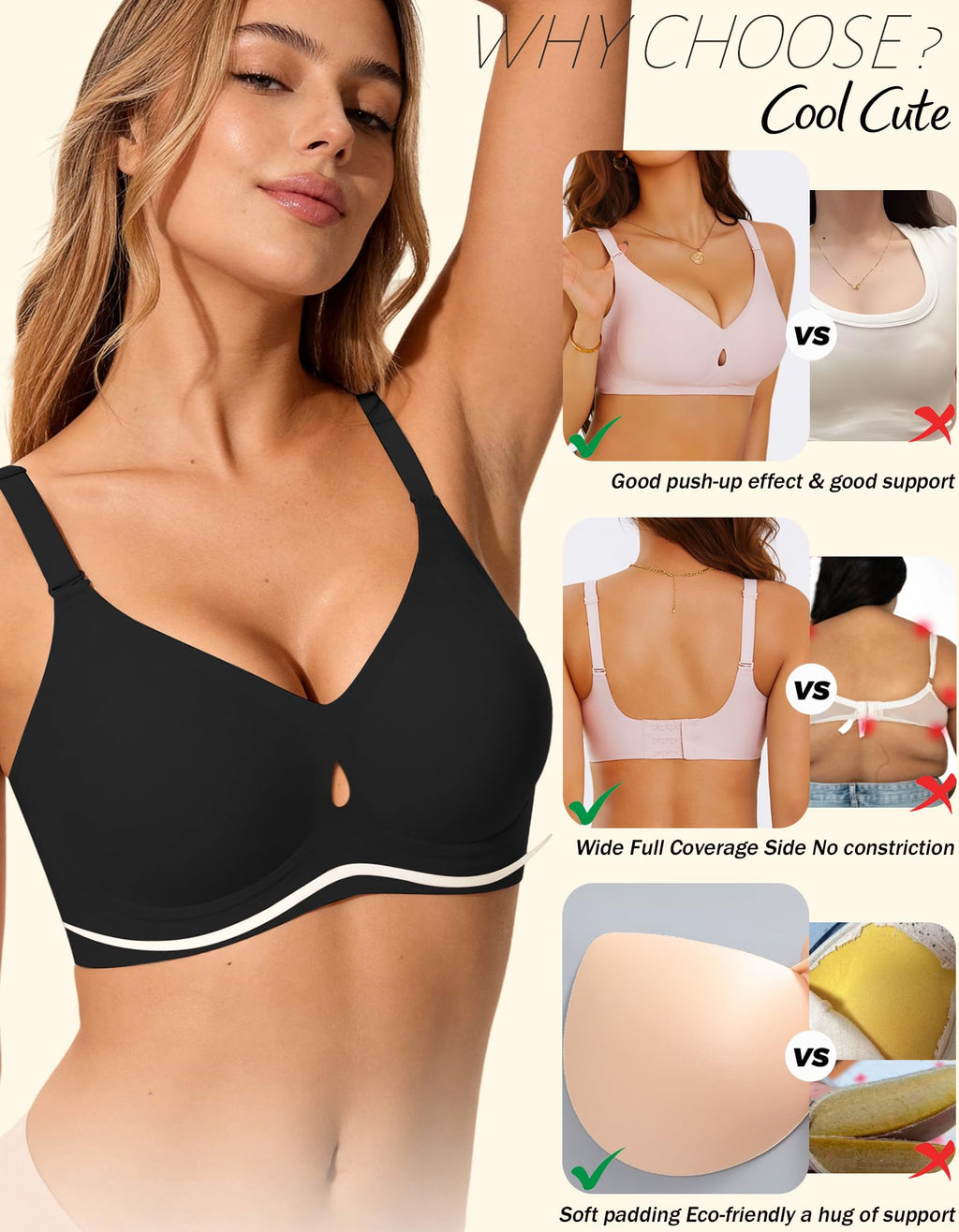 Sexy Jelly Push Up Wireless Bras for Women Everyday No Underwire Black M