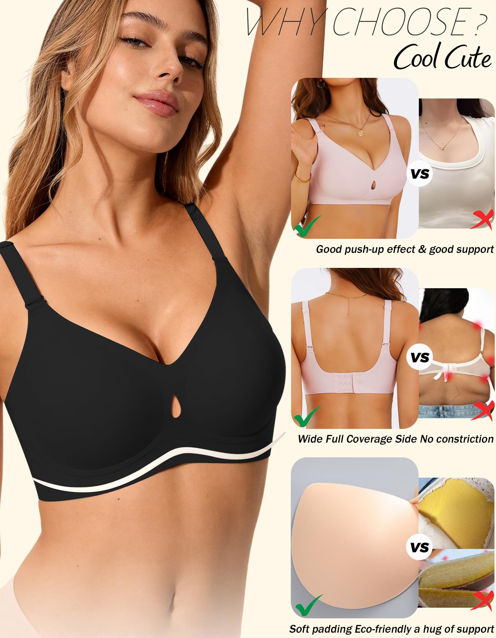 Sexy Jelly Push Up Wireless Bras for Women Everyday No Underwire Black M