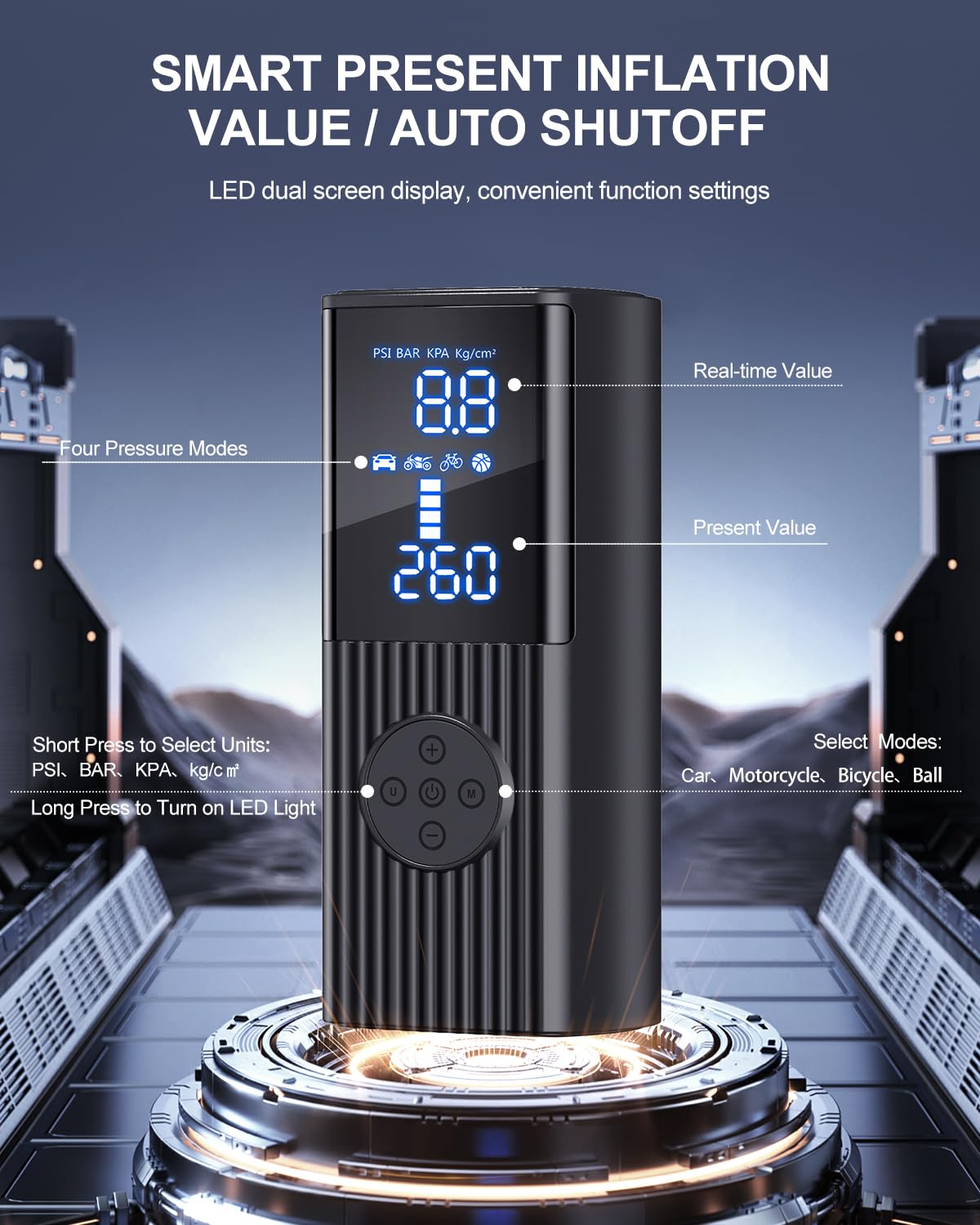 Hafuloky Tire Inflator Portable Air Compressor, 180PSI Cordless Air Pump with Digital Gauge, LED Light and Auto Shut-Off Function, 3X Faster Air Compressor for Car, Motorcycle, Bicycle, Ball
