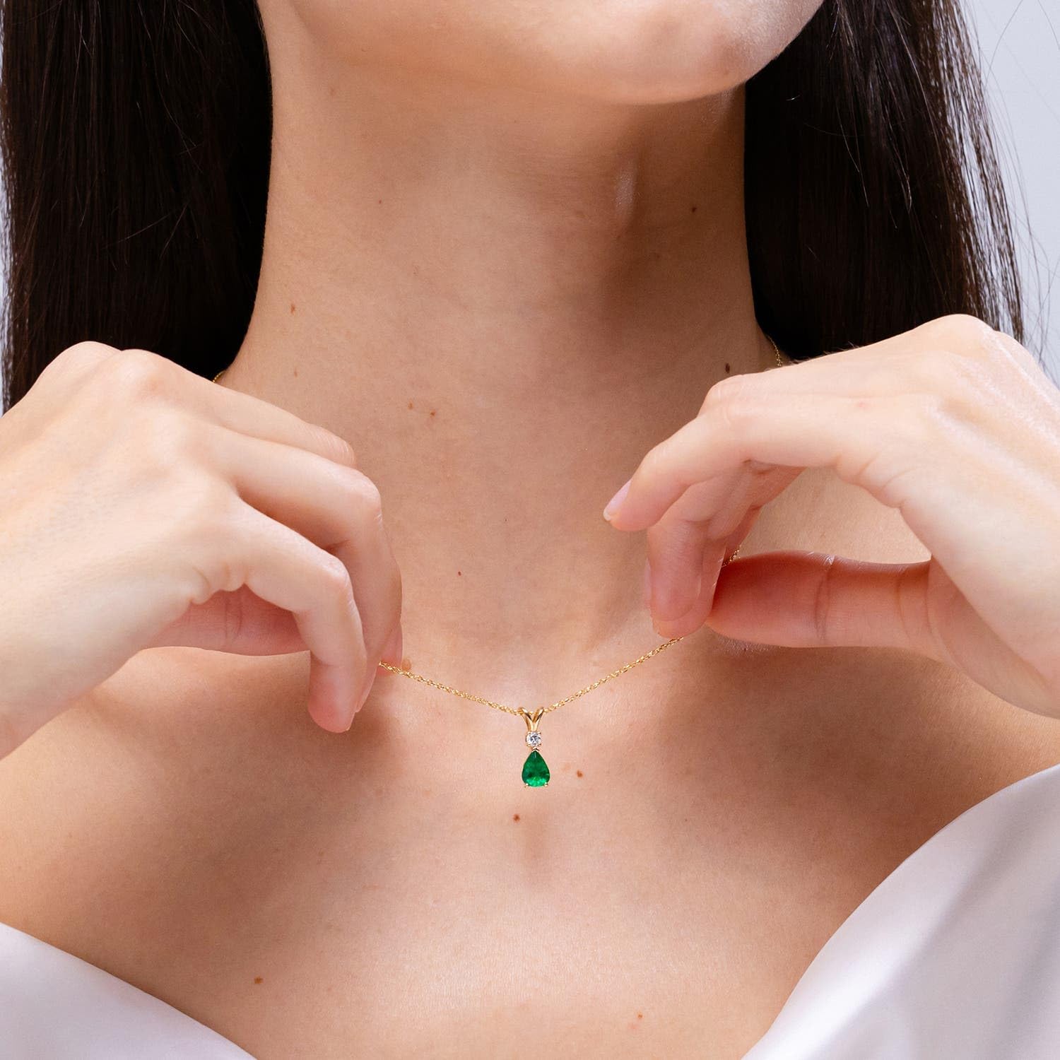 Angara 0.38 ct Emerald Teardrop V-Bale Necklace with Diamond in Sterling Silver | Natural Prong-Set Emerald Pendant for Women | July Birthday Gemstone Jewelry Gift | 6x4mm