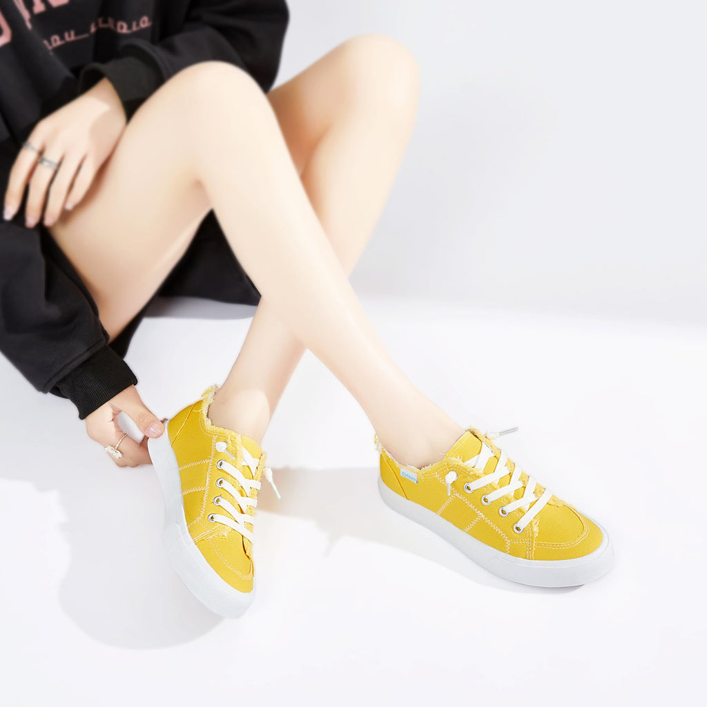 Obtaom Women's Play Fashion Sneaker Comfortable Canvas Slip on Shoes Washed Canvas Flats（Lemon Yellow，US6）