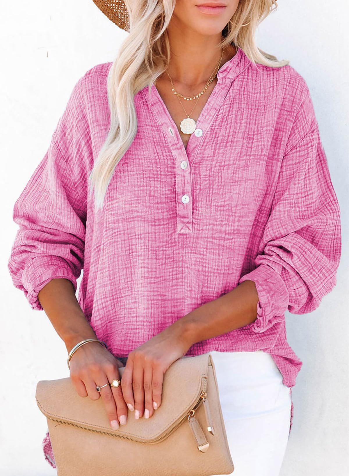 Dokotoo Womens Fashion V Neck Comfy Cotton Pullover Blouses Casual Pink S