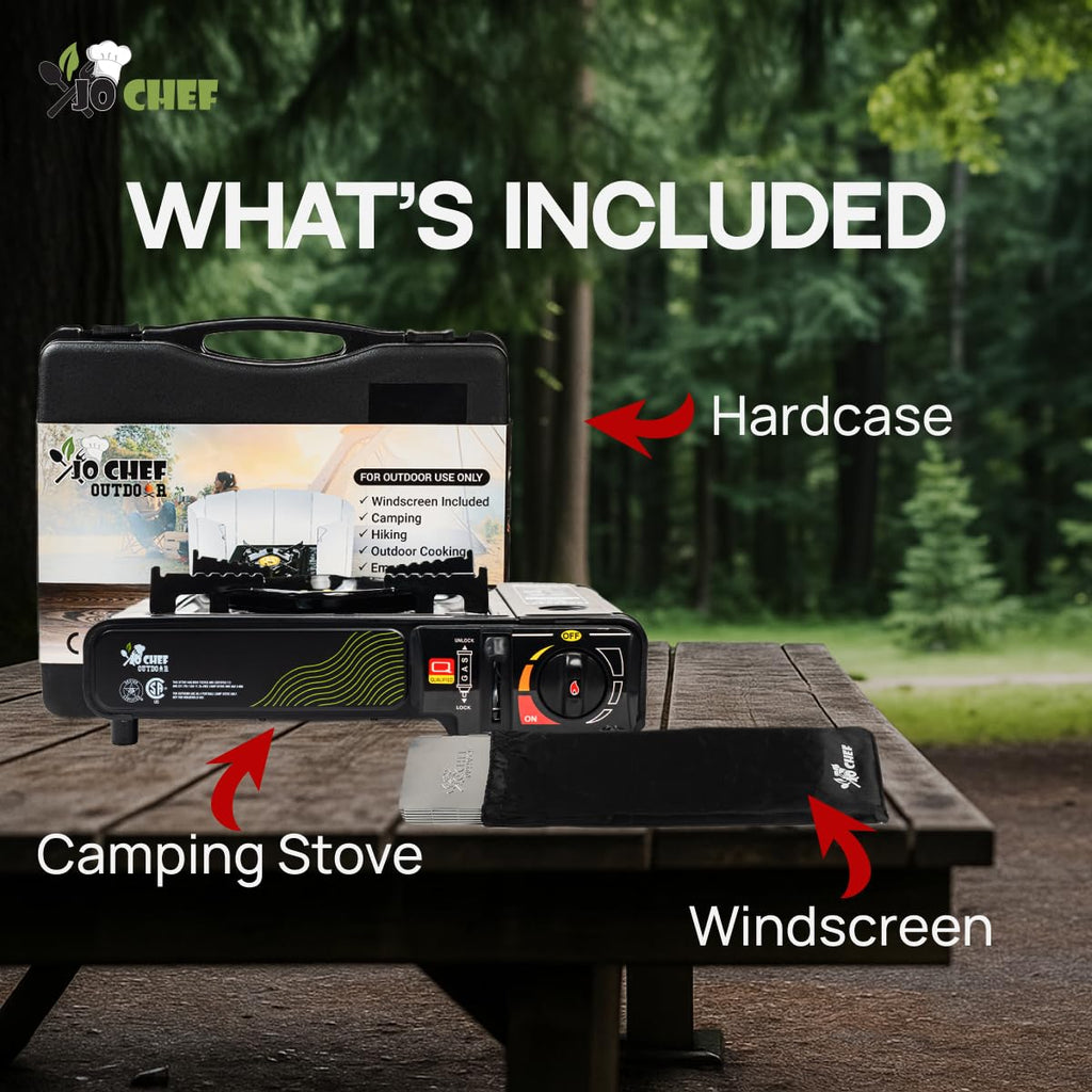 Jo Chef Butane Camping Stove - 9,500 BTU Portable Gas Stove for Camping/Road Trips with Windshield, CSA Certified, Brass Burner, Fast Heat Up Time