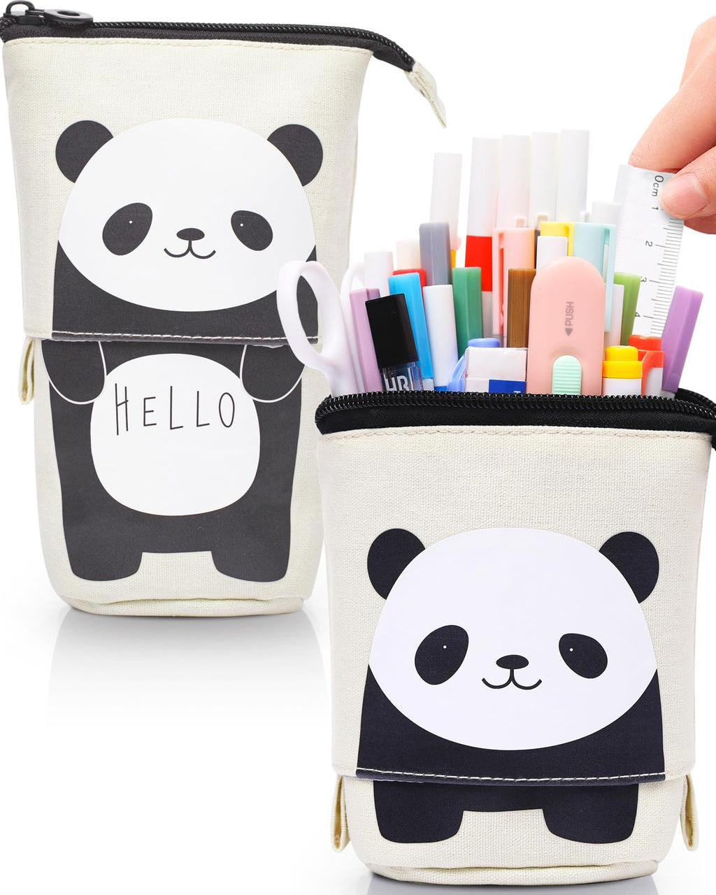 Sooez Standing Pencil Case, Cute Stand up Pencil Pouch, Telescopic Pen Pouch, Portable Pencil Holder, Cute Stand up Pencil Case, Spacious Pencil Pouch Bag for School Office Supplies, Beige Panda