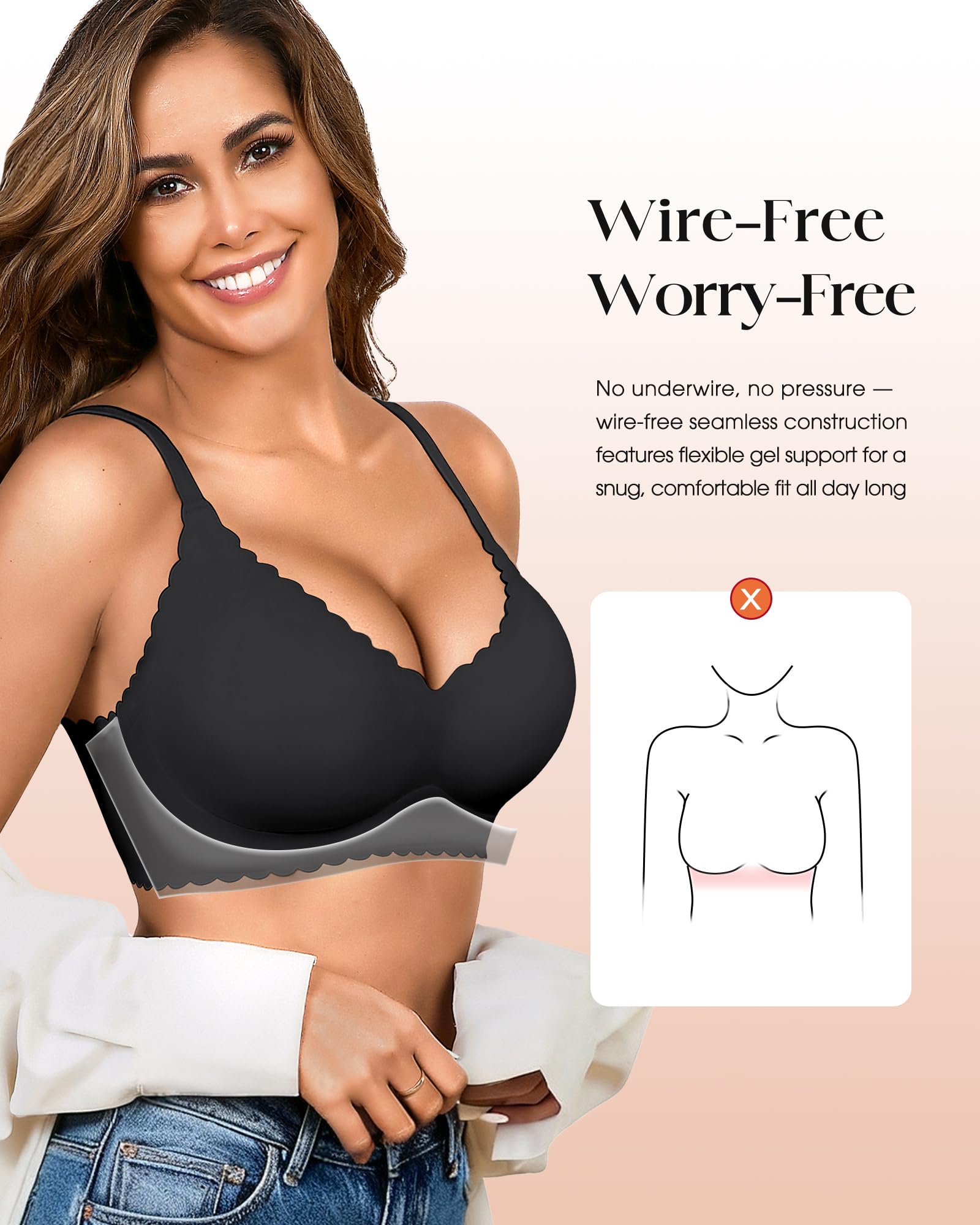 Wireless Seamless Bras for Women with Support - No Wire Push Up Womens Bra - No Underwire Padded Comfort Bralettes Breast Lift for Back Fat - Coverage Comfortable Bralette Wirefree 3 Pack(3P1,M)