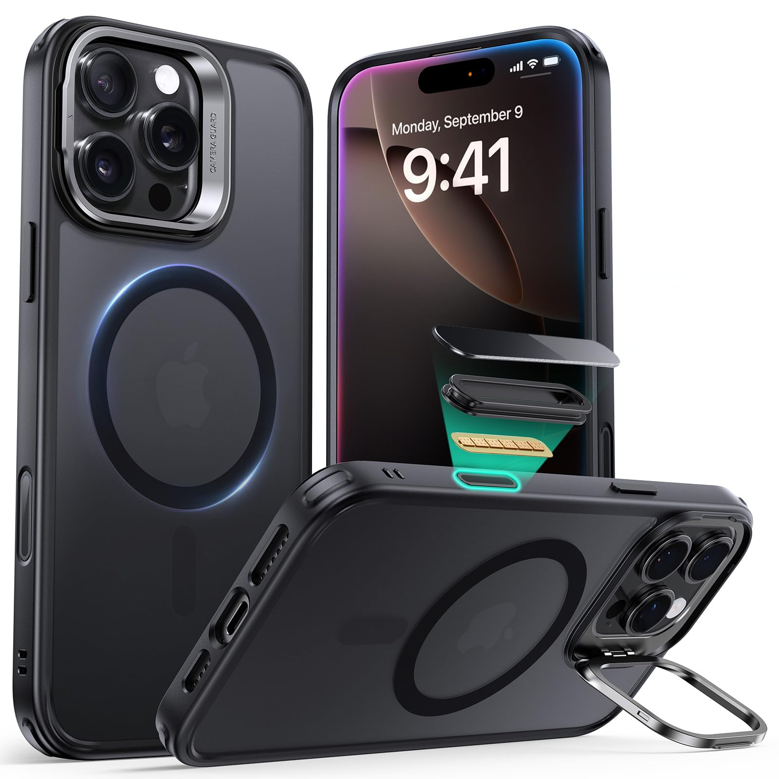ESR for iPhone 16 Pro Max Case,Camera Control Button Compatible with MagSafe, Military-Grade Protective Case, Built-in Stash Stand Phone Case Classic Series, Frosted Black