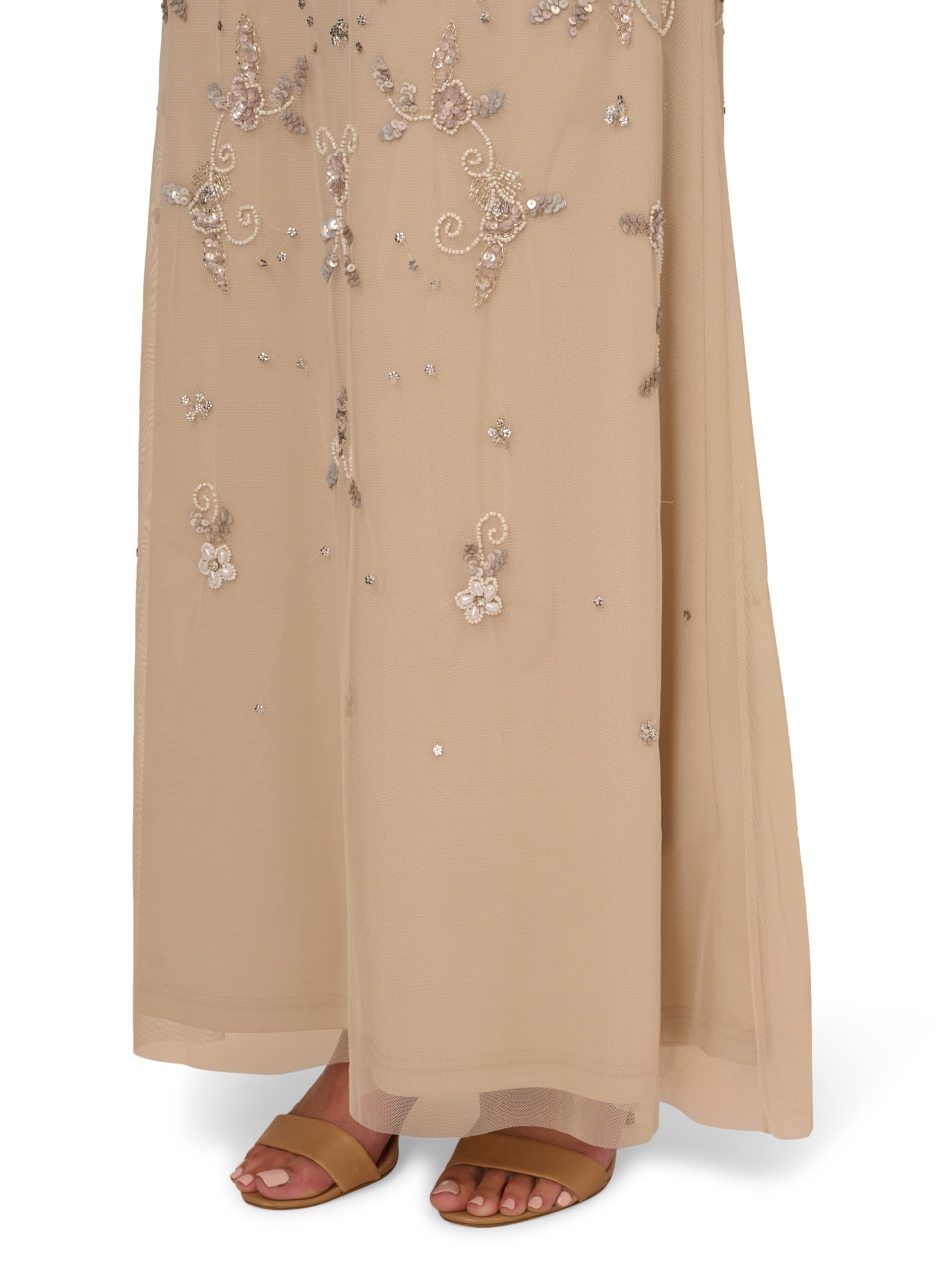 Adrianna Papell Women's Beaded Mesh Long Dress, Biscotti, 2