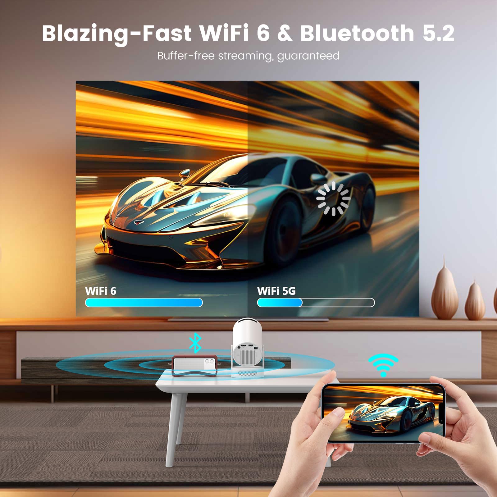 Mini Portable Projector with 4K Support, Bluetooth 5.4 WIFI6, 5watt Sound Base Speaker, 160 ANSI, Android 11, 210° Rotation , Auto Keystone Correction Video Projector HY300 ULTRA