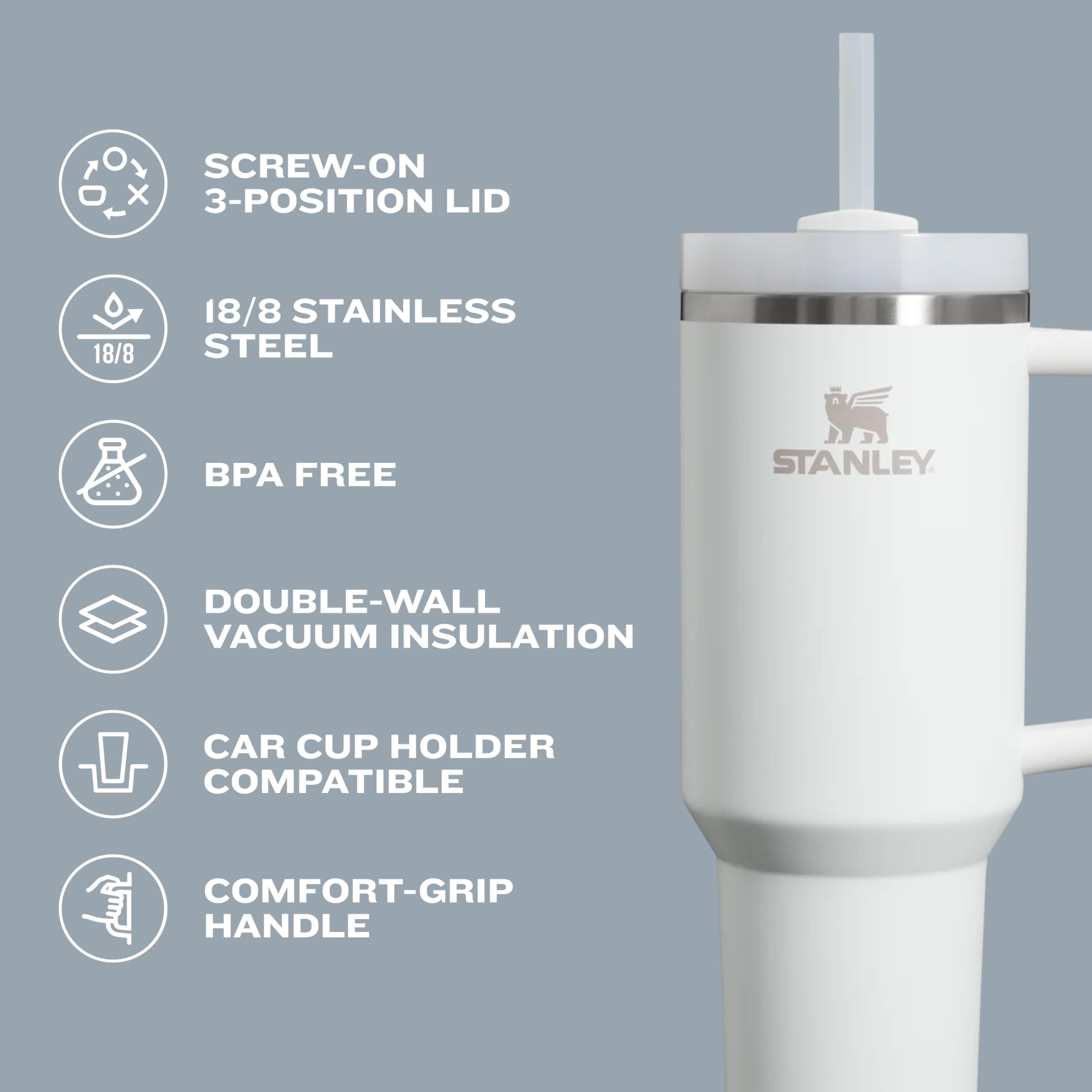 STANLEY Quencher H2.0 Tumbler with Handle and Straw 30 oz | Flowstate 3-Position Lid | Cup Holder Compatible for Travel | Insulated Stainless Steel Cup | BPA-Free | Pomelo