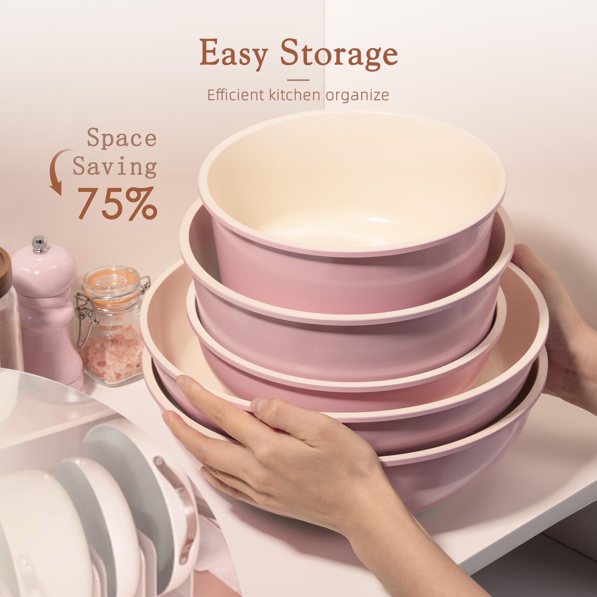 Astercook 21 Pcs Pots and Pans Non Stick Ceramic Cookware Set, Detachable Handles, RV Kitchen Cooking Set, Oven Safe, Induction Ready, Stackable, Pink