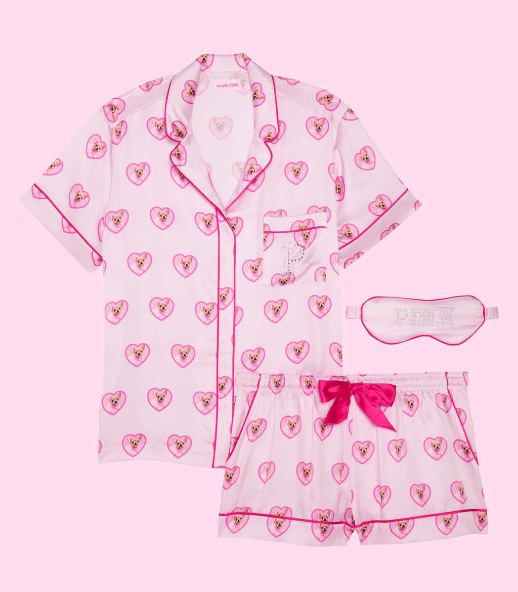 Victoria's Secret PINK | Elle 3-Piece Satin Eye Mask & Short Pajama Set, Pink Tulip Dog, M