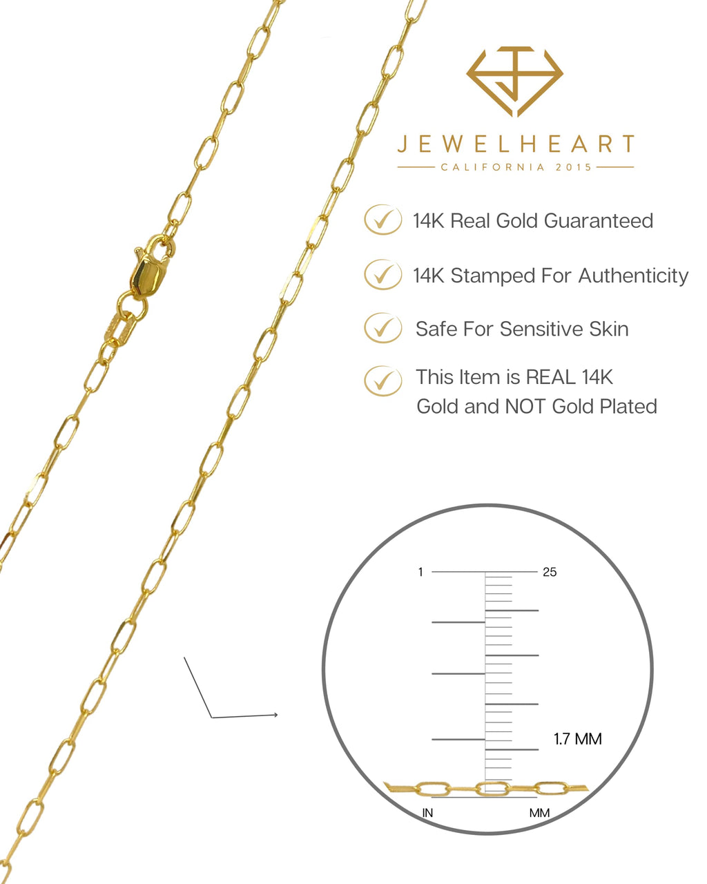 JEWELHEART 14K Solid Gold Cable Chain - 1.7mm Diamond Cut Yellow Gold Thin Paperclip Link Chain Necklace For Women - Dainty Real Gold Pendant Necklace with Lobster Clasp 24"