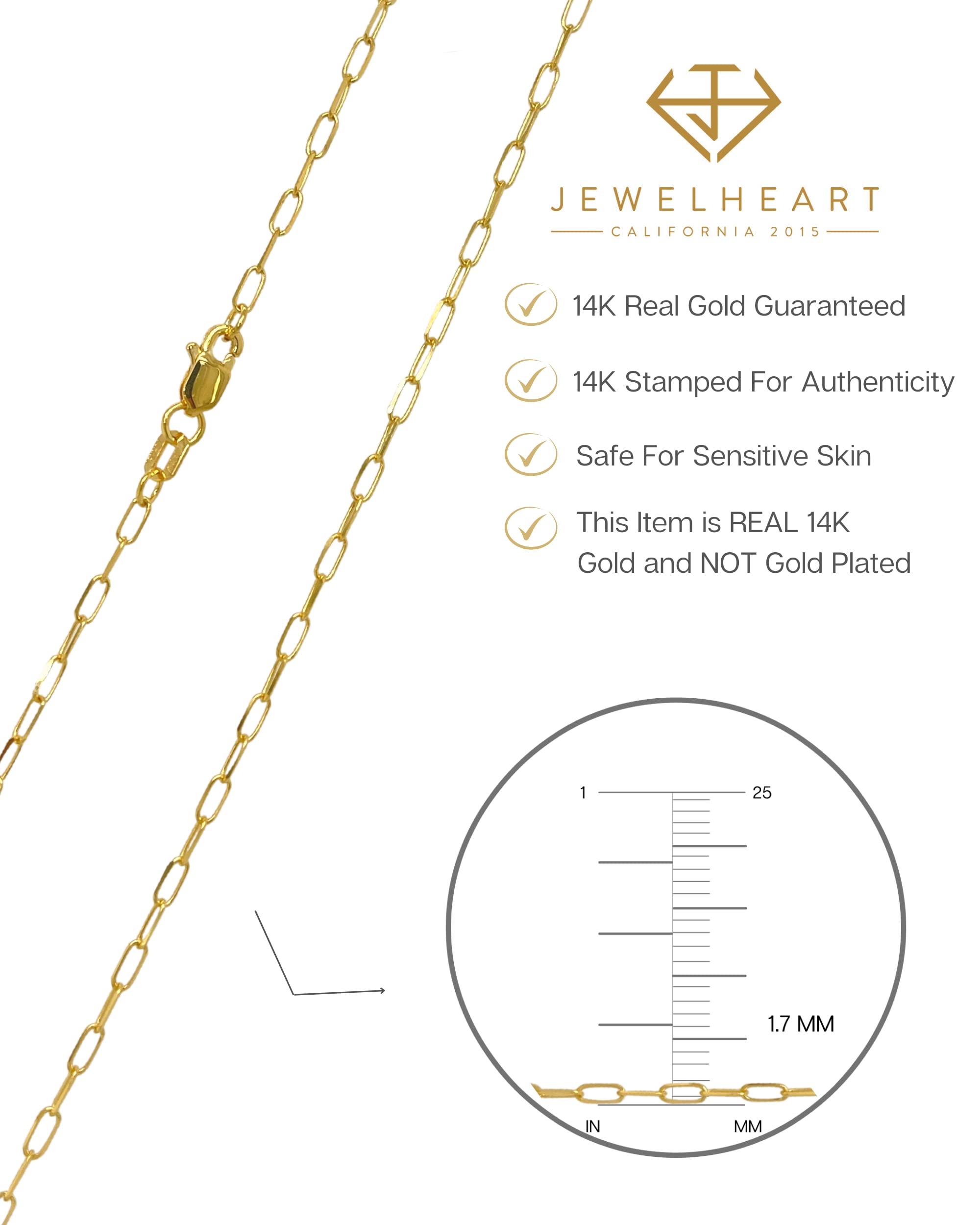 JEWELHEART 14K Solid Gold Cable Chain - 1.7mm Diamond Cut Yellow Gold Thin Paperclip Link Chain Necklace For Women - Dainty Real Gold Pendant Necklace with Lobster Clasp 20"