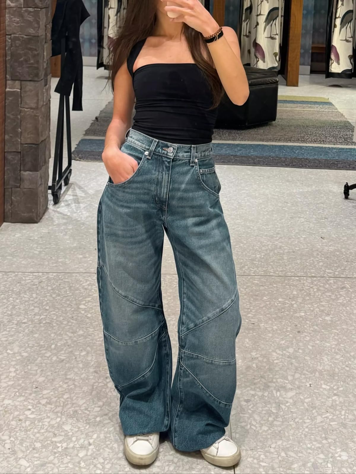 PLNOTME Womens High Waisted Barrel Jeans Casual Loose Boyfriend Wid Leg Denim Pants Wash Blue