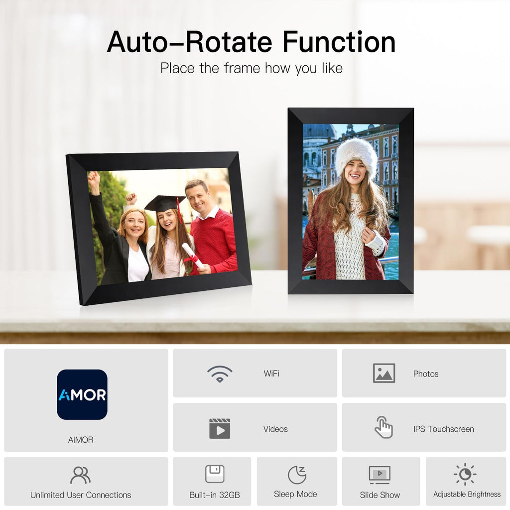 Anna Bella Digital Picture Frame 10.1 Inch IPS HD Touch Screen WiFi Smart Digital Photo Frame with 32GB Storage, Auto-Rotate, Easy Setup to Share Photos or Videos Remotely via AiMOR APP Black